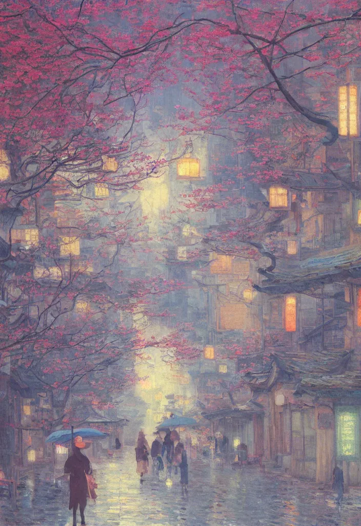 Prompt: a beautiful japanese city near the sea, amazing ryokans and gorgeous edo era houses, cyberpunk, lofi vibe, colorful, vivide colors, oil painting in impressionist style, by jeremy lipkin, by claude monet, by makoto shinkai, multiple brush strokes, inspired by ghibli, masterpiece, beautiful