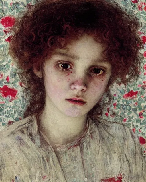 Prompt: a beautiful but sinister girl in layers of fear, with haunted eyes and curly hair, 1 9 7 0 s, seventies, floral wallpaper, delicate embellishments, a little blood, crimson, painterly, offset printing technique, by jules bastien - lepage