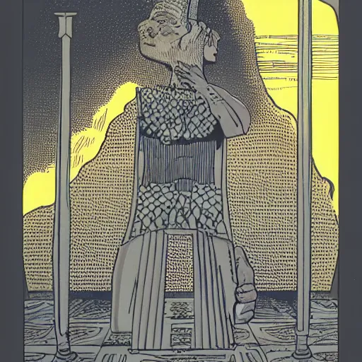 Prompt: a person with a chess piece for a head, by moebius