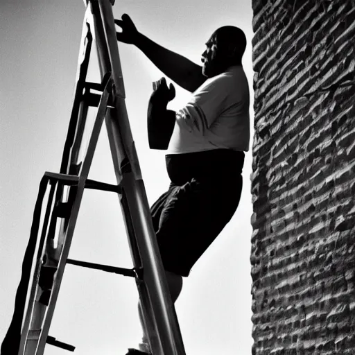 Prompt: A 500 pound man climbing a ladder