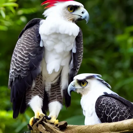 Image similar to Harpy eagle and red cardinal hybrid, real photo from zoo,