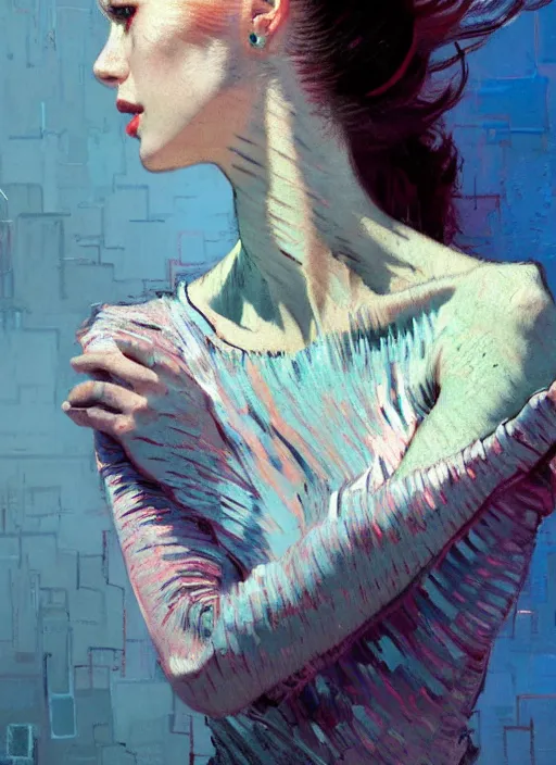 Image similar to portrait of beautiful girl, porcelain skin, ecstatic, dancing, eyes closed, shades of pastel blue and light grey, new york backdrop, beautiful face, rule of thirds, intricate outfit, spotlight, by greg rutkowski, by jeremy mann, by francoise nielly, by van gogh, digital painting