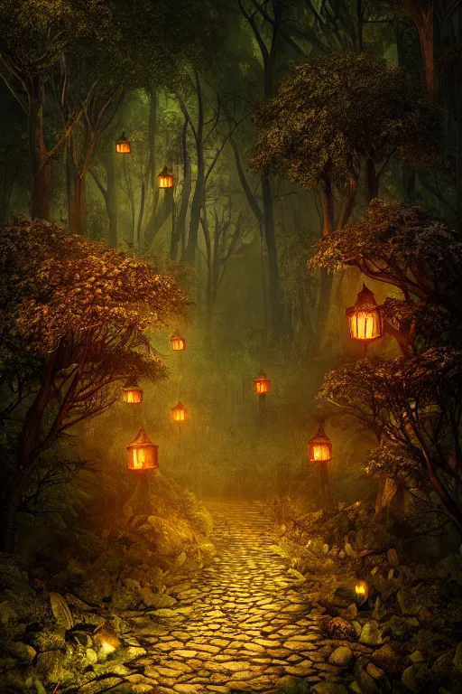 Image similar to a beautiful digital glossy clear sharp of a detailed gothic fantasy fireflies forest trees roots mushrooms fireflies moonlight and iron gate cobblestone pathway vines ground fog by james gurney, 8 k resolution trending on artstation
