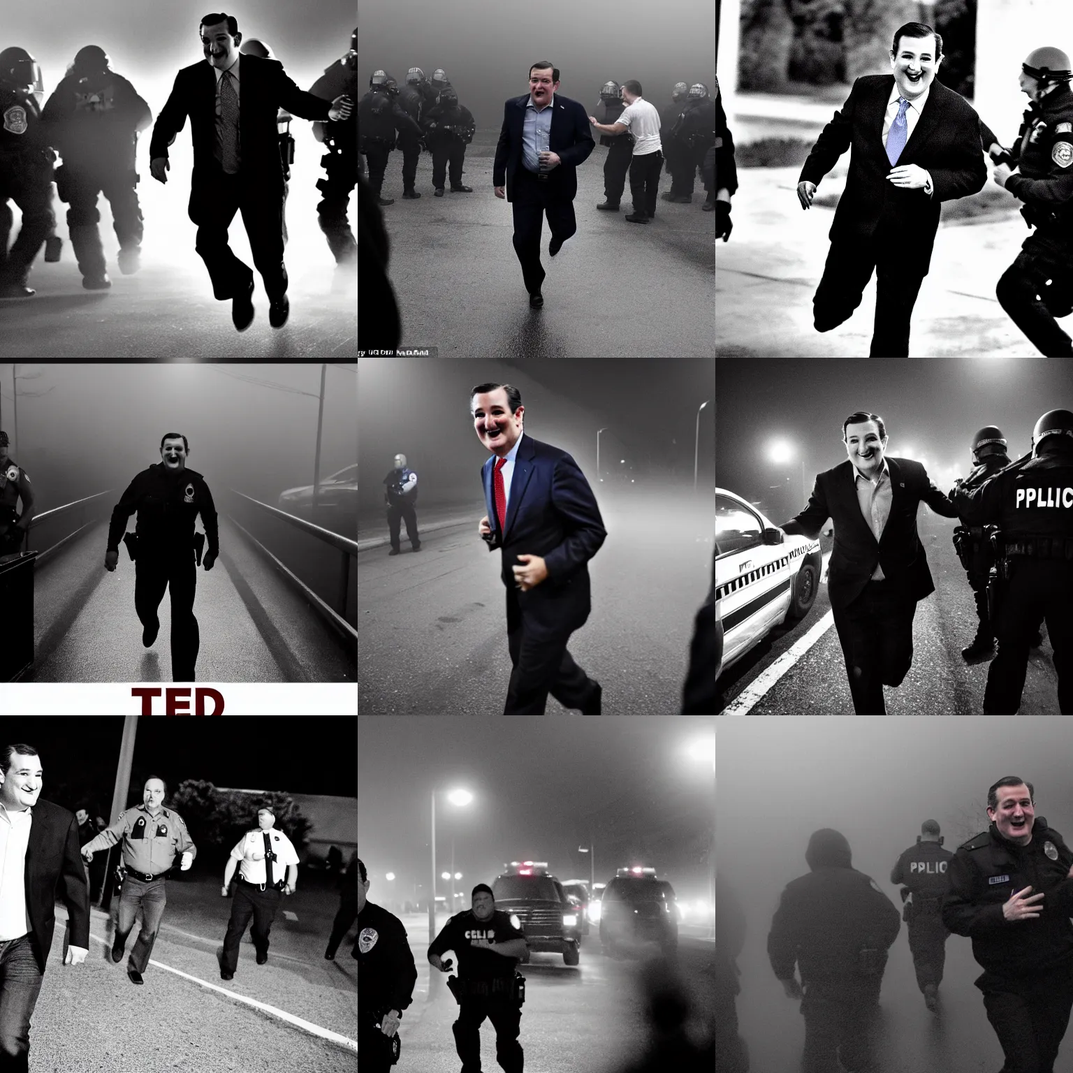 Prompt: Ted Cruz with a wide grin being chased down by multiple police officers, black and white, creepy lighting, foggy atmosphere, scary, horror, ornate, eerie, fear