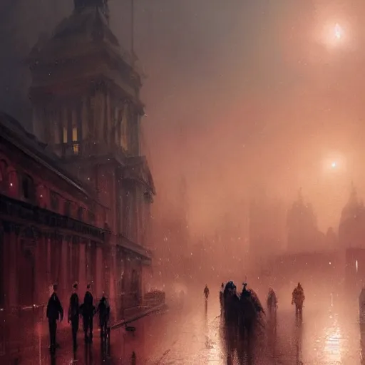 Prompt: A picture of victorian era london shrouded in mist, red moon above, raining, detailed, painted by Greg Rutkowski, trending on artstation