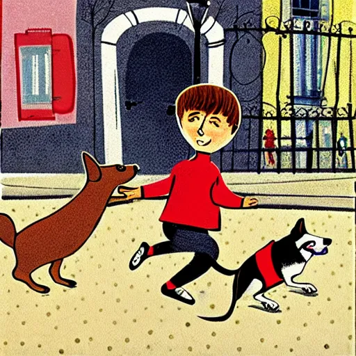 Image similar to book illustration of a french boy on the streets of paris playing football against a corgi, the dog is wearing a polka dot scarf, 1 9 6 6