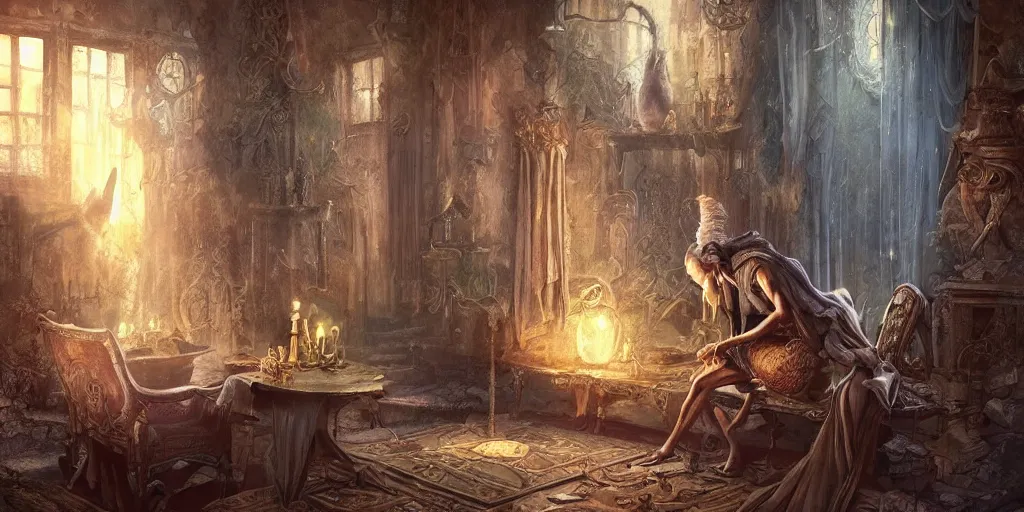 Image similar to lonely aristocrat examining the mysteries of tarot cards, magical atmosphere in the background,, fantasy art, matte painting, high quality, digital painting, artwork by tony sart