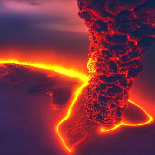 Image similar to volcanic storm clouds raining bright lava from the sky, 8k photorealistic, dramatic lighting, chiaroscuro