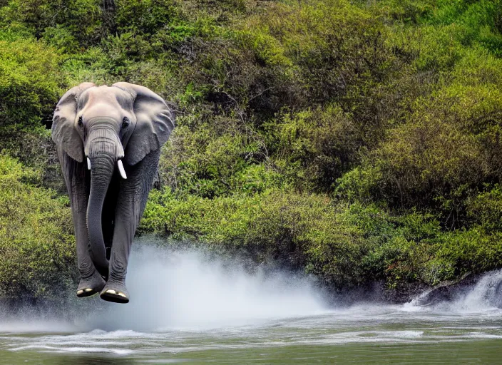 Image similar to dslr photo still of an elephant jumping from a mountain, 4 k, 1 2 0 mm f 1 6