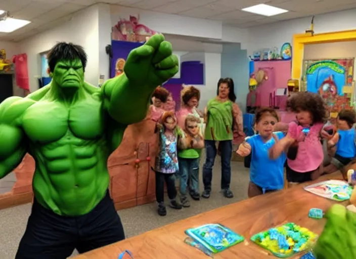 Image similar to the hulk working at a daycare