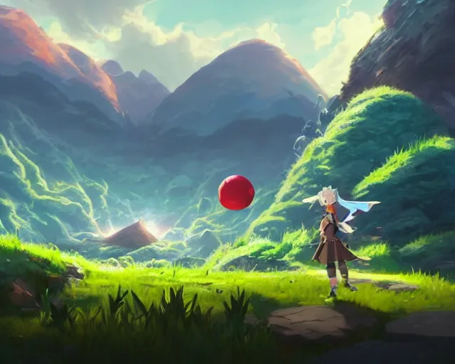 Image similar to pokemon sword and shield ghibli landscape illustration close floral clearing and mountains in the background, deep focus, d & d, fantasy, intricate, elegant, highly detailed, digital painting, artstation, concept art, matte, sharp focus, illustration, hearthstone, art by fire watch game and greg rutkowski, no characters