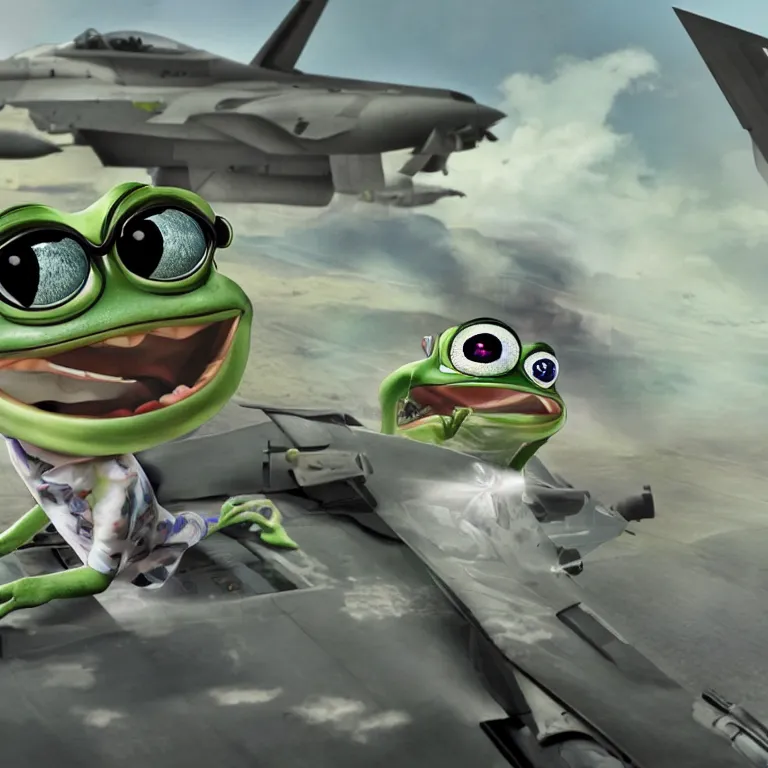 Image similar to award winning portrait of the crazy frog listening to axel f while piloting an F18 air superiority fighter