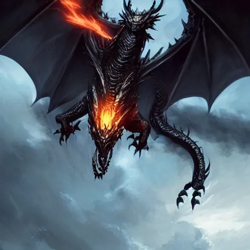 Image similar to flying black dragon, d & d, fantasy, greg rutkowski,