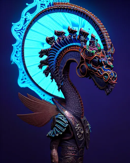 Image similar to 3 d ornate carved dark cosmic horse with profile portrait, sigma 5 0 0 mm f / 5. beautiful intricate highly detailed quetzalcoatl skull. bioluminescent, plasma, lava, ice, water, wind, creature, thunderstorm! artwork by tooth wu and wlop and beeple and greg rutkowski, 8 k trending on artstation