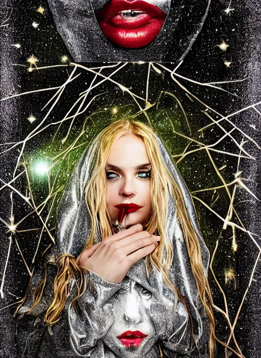 Image similar to glowing silver and golden elements, full close-up portrait, young woman with magical eyes, red lipstick, blonde hair, hood, as a dark witch in front of the full big moon, book cover, green forest, red white black colors, establishing shot, extremly high detail, foto realistic, cinematic lighting, pen and ink, intricate line drawings, by Yoshitaka Amano, Ruan Jia, Kentaro Miura, Artgerm, post processed, concept art, artstation, matte painting, style by eddie, raphael lacoste, alex ross