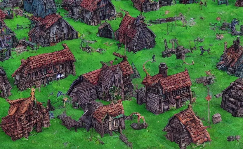 Image similar to A green goblin village, mining