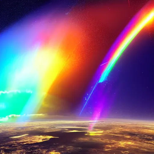 Image similar to astronaut shooting beautiful rainbow space lasers | 4 k cinematic artstation trending by james gurneyastronaut shooting beautiful rainbow space lasers | 4 k cinematic artstation trending by james gurney