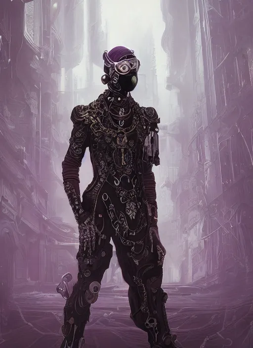 Image similar to a handsome male ornate cyborg with a white techwear mask, purple garment with art nouveau ivory accessories, dressed in black intricate lace and jewels, ethereal, misty, cyberpunk, darksynth, luxury, concept art by zeen chin, extremely detailed, artstation, andree wallin, edvige faini, alphonse mucha, 8 k, unreal engine 5