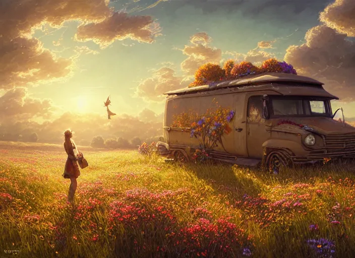 Image similar to detailed intricate digital illustration by greg rutkowski and artgerm and wlop and sanford robinson gifford ; conversion van, beautiful meadow with colorful flowers and puffy clouds in background ; 1 3 mm film, arri alfa anamorphic lens ; sharp focus, golden hour lighting, trending on artstation 4 k ; close view