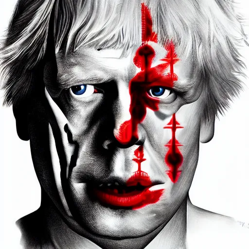 Image similar to dramatic digital drawing of boris johnson as the terminator (1984), one eye is red and glowing, half face skeleton, cinematic lighting