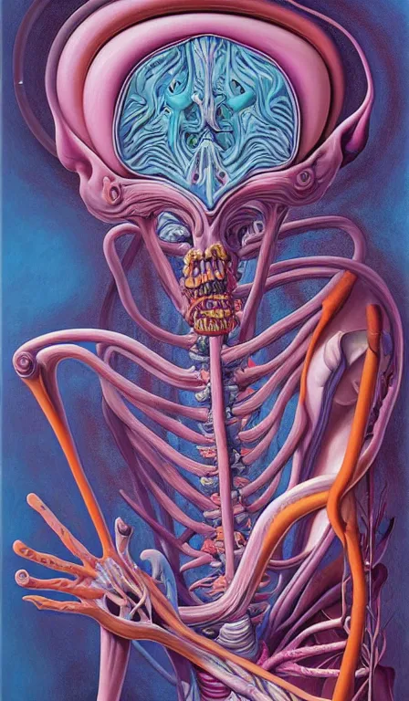 Prompt: a biomorphic painting of a magician tarot card, a anatomical medical illustration by nychos and alex grey, cgsociety, neo - figurative, pastel blues and pinks, detailed painting, rococo, oil on canvas, lovecraftian