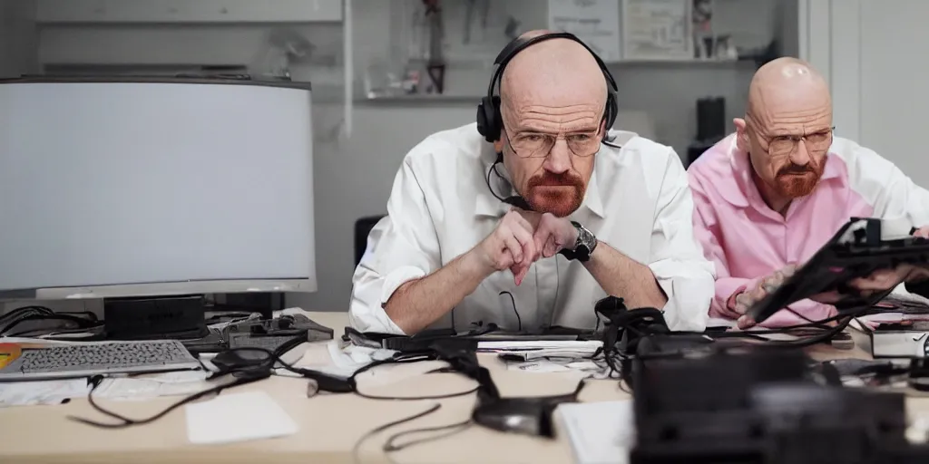 Prompt: walter white wearing pink headphones and sitting at his desk gaming, incredibly detailed, sharp focus, hyper realistic, sony 3 5 mm lens