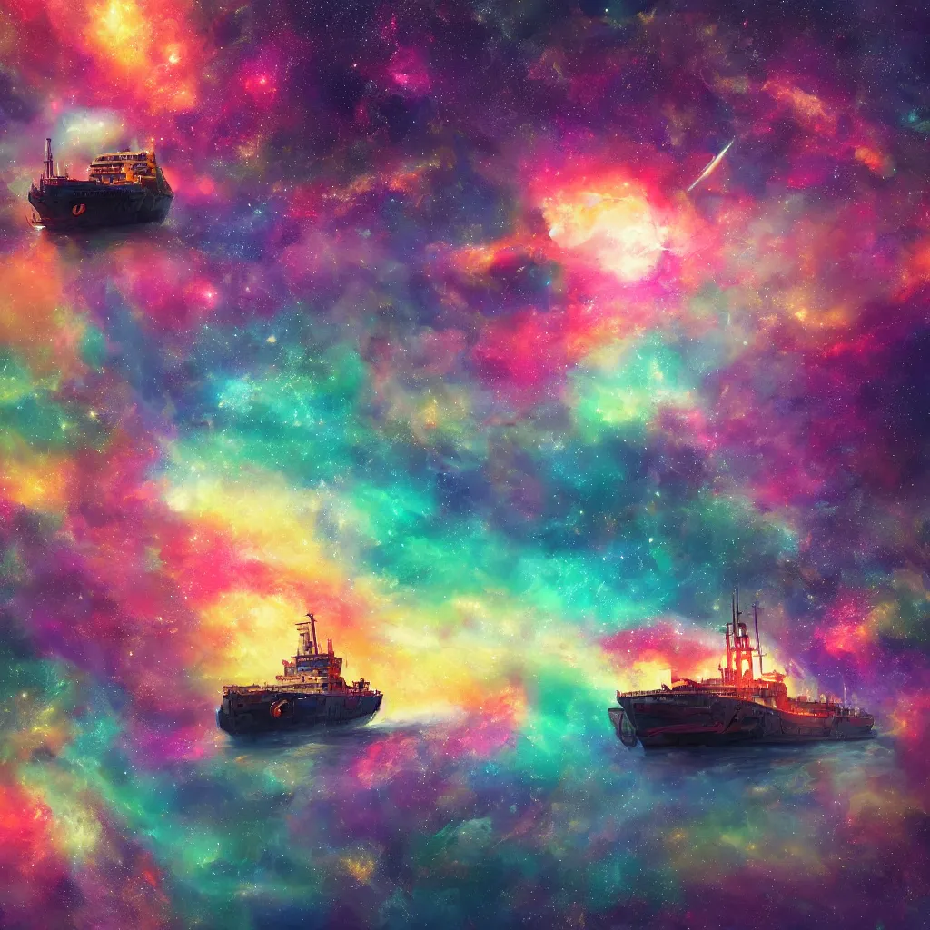 Prompt: a ship floating in colorful cosmos, award-winning drawing, artstation, octane, insane detail