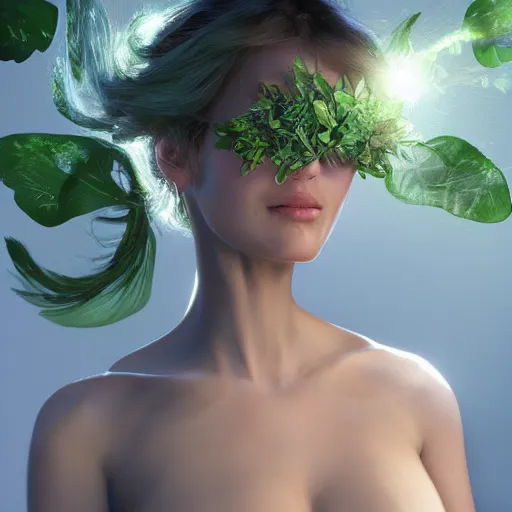 Image similar to a highly detailed digital image of a futuristic beautiful woman elegantly wrapped with green lush leaves, by Andrea Chiampo, artstation and Frederik Heyman, extremely detailed woman, stunning volumetric lighting, hyper realism, fantasy 4k