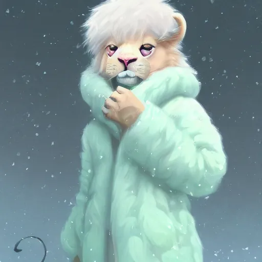 Image similar to aesthetic portrait commission of an albino male furry anthro lion wearing a cute mint colored, cozy, soft pastel winter outfit. winter atmosphere character design by mandy jurgens, irina french, heraldo ortega, rachel walpole, jeszika le vye, and dan volbert.