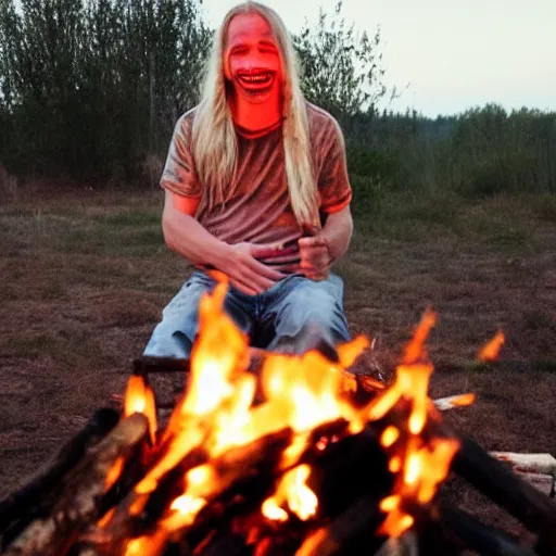 Image similar to photo of hillbilly with long blonde hair around a bonfire, symmetric face