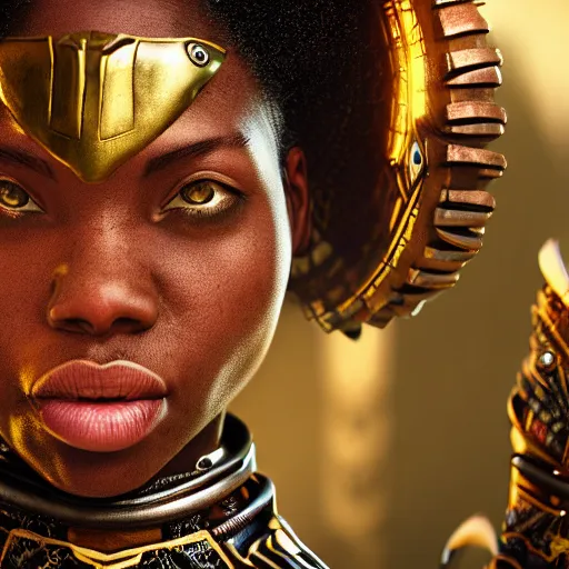 Prompt: wakandan warrior in steampunk armor, closeup portrait shot, highly detailed, photorealistic portrait, bright studio setting, studio lighting, crisp quality and light reflections, unreal engine 5 quality render