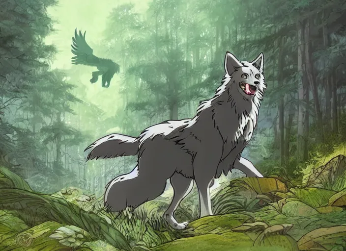 Prompt: a majestic gamma wolf spreading his wing in a mythical forest next to a pathway, dark eyes, by ghibli studio and miyasaki, illustration, great composition....