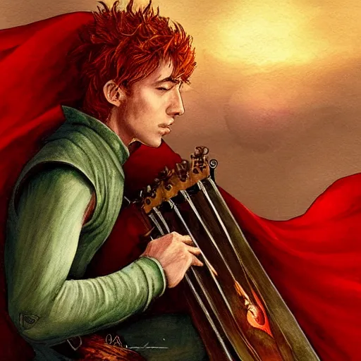 Image similar to kvothe from name of the wind playing or restringing his lute, serenading the sunset, huntsman, medieval, green cape, fire red hair by Aleksi Briclot, illustrated in oil paints and charcol, award winning