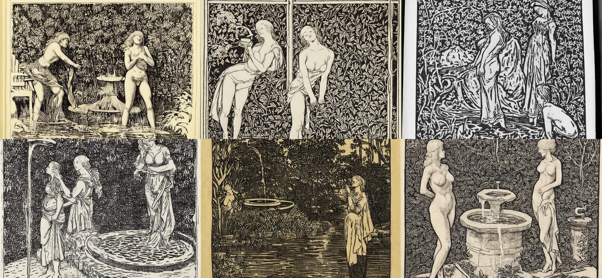 Prompt: Pamela Anderson gazing at a fountain, woodcut by William Morris of Kelmscott Press