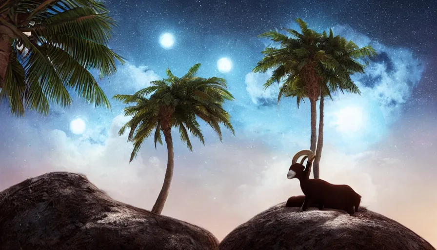 Image similar to very very small goat, sitting on a gigantic coconut tree in moonlit socotra island by ilya kuvshinov, starry night, rtx rendering, octane render 1 2 8 k, maya, extreme high intricate details by tom bagshaw, medium shot, close up shot, composition by sana takeda, lighting by greg rutkowski