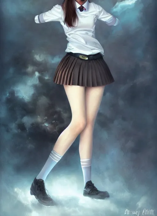 Image similar to a beautiful woman with school uniform, seifuku, pleated miniskirt, overknee socks, adriana lima, painted by artgerm and tom bagshaw, fantasy art, dramatic lighting, highly detailed oil painting, volumetric lighting