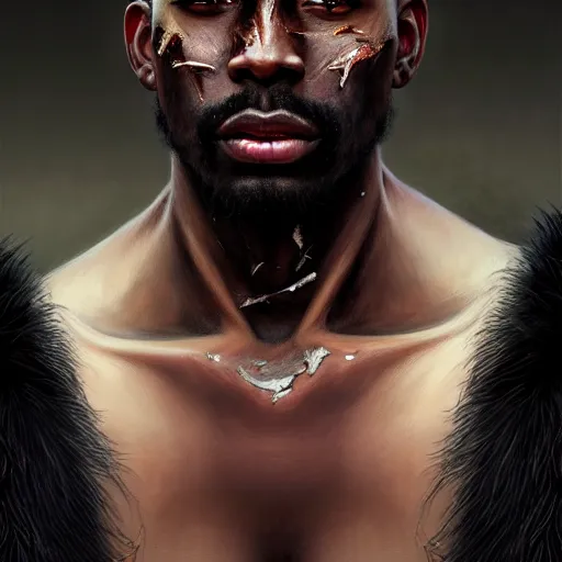 Image similar to portrait painting of a beautiful black man with cut scars and cropped hair wearing a tattered fur coat, ultra realistic, concept art, intricate details, eerie, highly detailed, photorealistic, octane render, 8 k, unreal engine. art by artgerm and greg rutkowski and charlie bowater and magali villeneuve and alphonse mucha