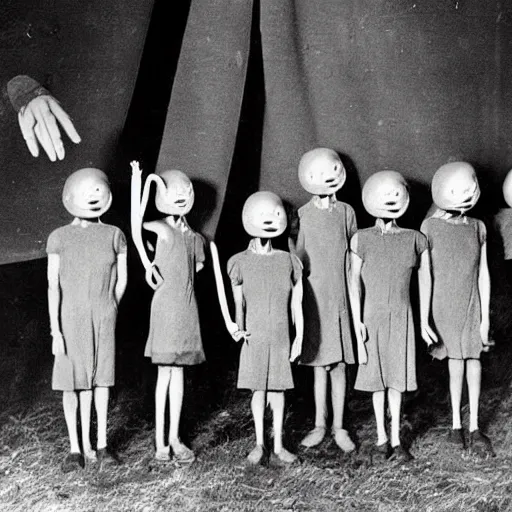 Prompt: a higly detailed album of scared children from running slenderman from the 1940s, creepy, unsettling, bad quality, cursed image