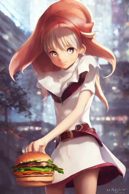 Prompt: adorable elf girl holding a burger, single subject, medium shot, ambient lighting, white hair, detailed face, by makoto shinkai, stanley artgerm lau, wlop, rossdraws