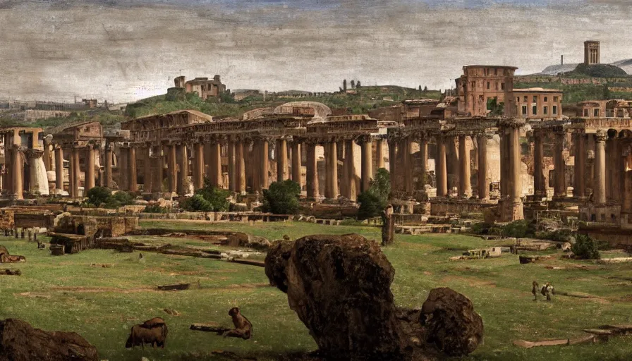 Image similar to ancient rome, aqueduct and roman baths in the background, clearly separated foreground middleground background, foggy, cupresses, intricate, paint texture, old masters, caravaggio, repin, solid anatomy, elegant, volumetric lighting, digital painting, highly detailed, artstation, sharp focus, illustration, concept art, steve mccurry, norman rockwell, masterpiece, 8 k