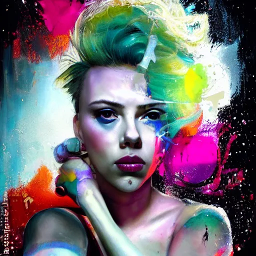 Image similar to scarlett johansson as delirium from sandman, ( hallucinating colorful soap bubbles ), by jeremy mann, by sandra chevrier, by richard avedon and maciej kuciara, punk rock, tank girl, high detailed, 8 k