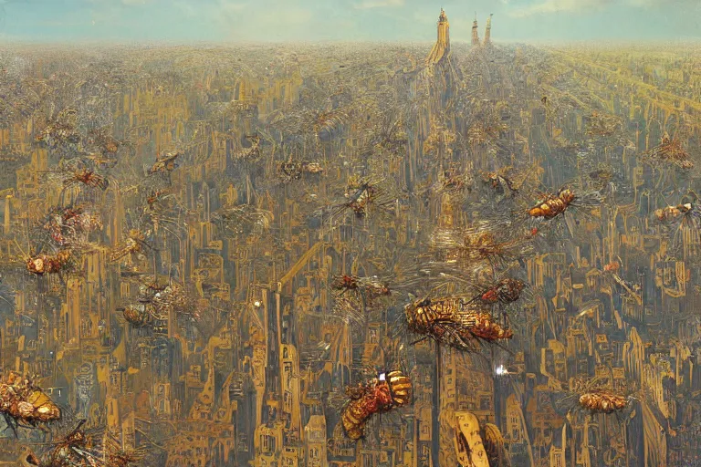 Image similar to oil painting, super - detailed scene of a swarm of insects overtaking a futuristic city, entomology, japanese sci - fi books art, artwork by jean giraud and zdzislaw beksinski and alphonse mucha and hr giger, hd, 4 k, high quality