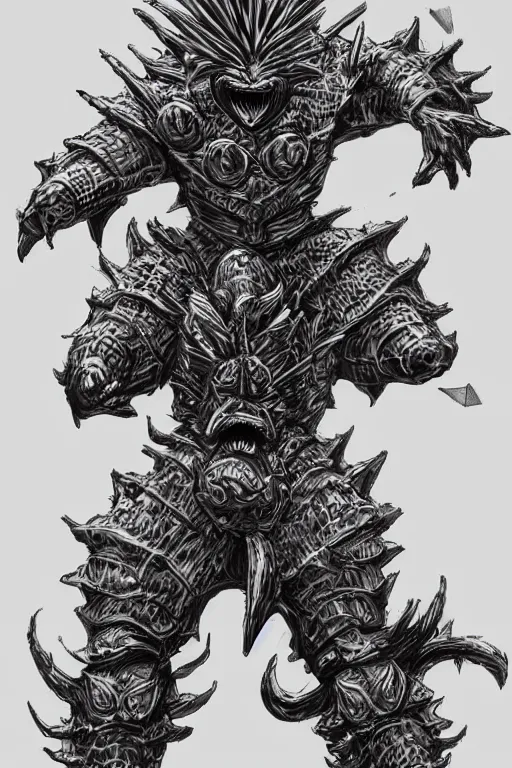 Image similar to screaming pineapple humanoid figure monster wearing themed armour, symmetrical, highly detailed, digital art, sharp focus, trending on art station, kentaro miura manga art style