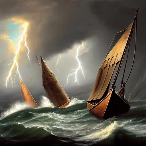 Prompt: three ancient trojan sailboats, crashing into rocks and shattering in a massive storm, whirlpool, trireme, skiff, wooden sailboats, by greg rutkowski, grim, lightning flashes, sky swirling with black wind, dark sky, dramatic, realistic, detailed, ancient, artstation, artgerm, digital painting