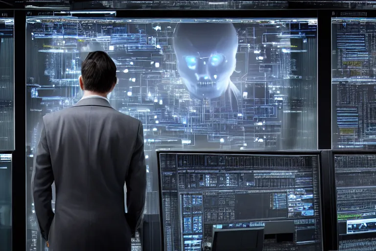 Image similar to a man in gray corporate suit standing in dark in front of supercomputer with many monitors and displays, one monitor with the skynet logo, photorealistic, highly detailed, 4 k, hd