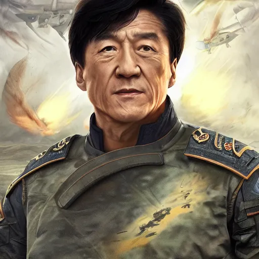 Image similar to Jackie Chan appears on the battlefield at the climax of the finno-korean hyperwar, by artgerm and wlop and scott fischer and seb mckinnon, digital art, highly detailed, wide shot, intricate, fantasy, mystical, sharp focus, Trending on Artstation HQ, deviantart, unreal engine 5, 4K UHD image