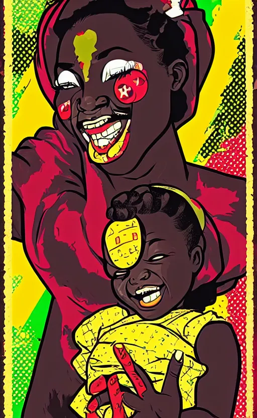 Prompt: mama africa laugh at her child!!! pop art, pixel, bioshock, gta chinatown, artgerm, richard hamilton, mimmo rottela, julian opie, aya takano, intricate