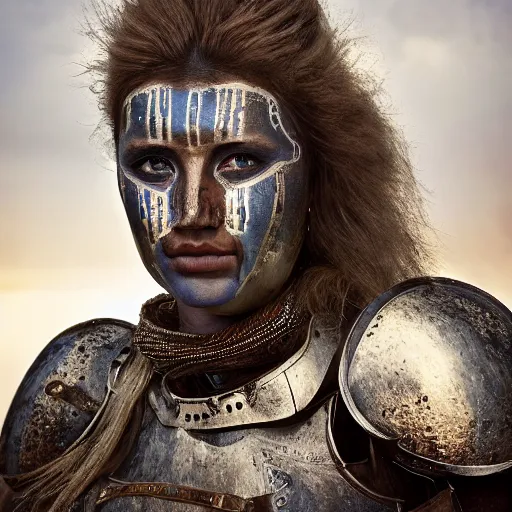 Prompt: head and shoulders portrait of a female knight, used armor, smudged face, detailed face, photography by jimmy nelson, by paul schutzer, golden hour, jungle