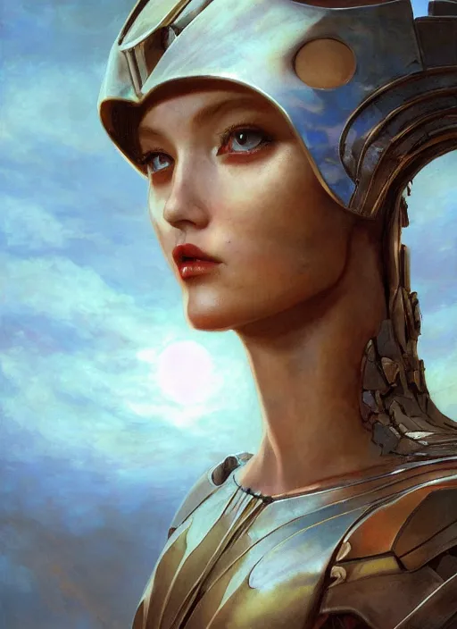 Image similar to symmetry! portrait of a beautiful biblical diabolical agile girl, in reflective porcelain cyborg armor, in clouds, cinematic studio light! windy, sunrise, by gerald brom, by mikhail vrubel, by peter elson, muted colors, extreme detail! trending on artstation, 8 k