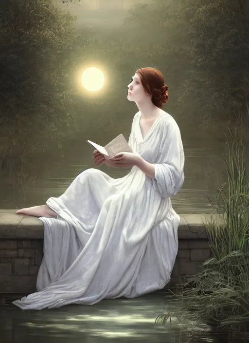Prompt: pale delicate woman in white nightgown reading a book by a river, full moon in a dark starry sky, golden orbs and fireflies, illustration, dramatic lighting, soft details, painting oil on canvas, art nouveau, octane render, 8 k, by edmund blair leighton, brom, charlie bowater, trending on artstation